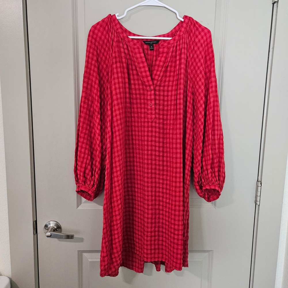 Banana Republic Red Gingham Henley Shift Dress Long Sleeve Mini M